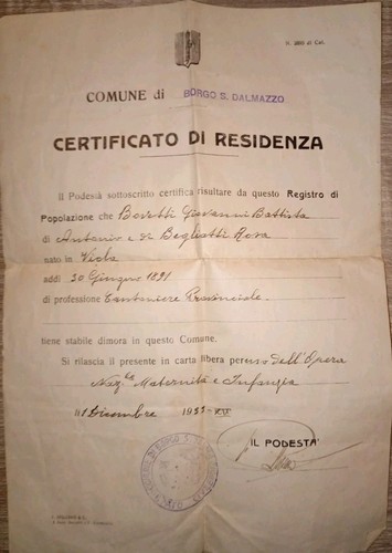 Certificato residenza 1933 - residenza,